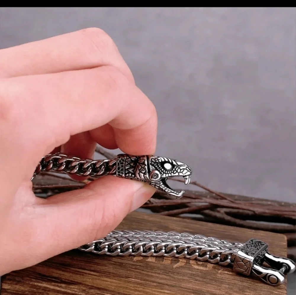Nordic Viking Stainless Steel Snake Head Men Bracelet 9" - Picture 7 of 7